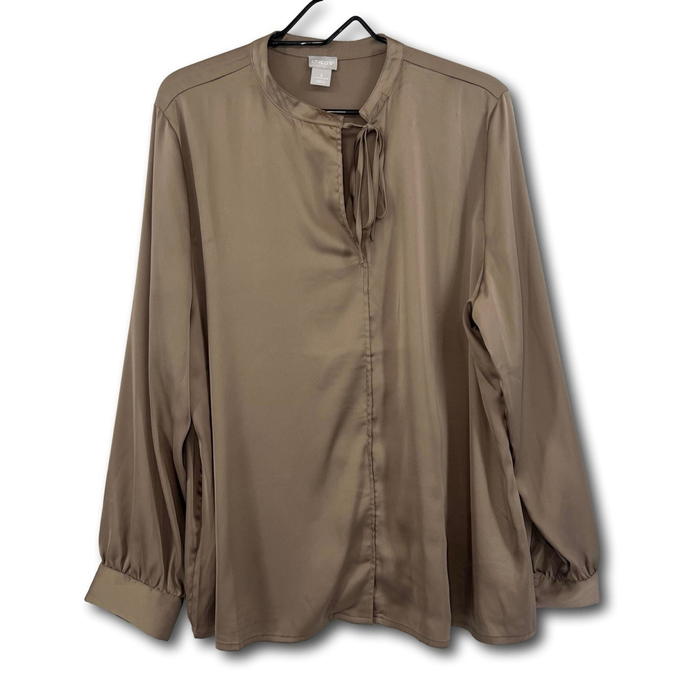Chico’s Tie-Neck Satin Popover Blouse Mountain Stone Cuffed Sleeves 3 NWOT